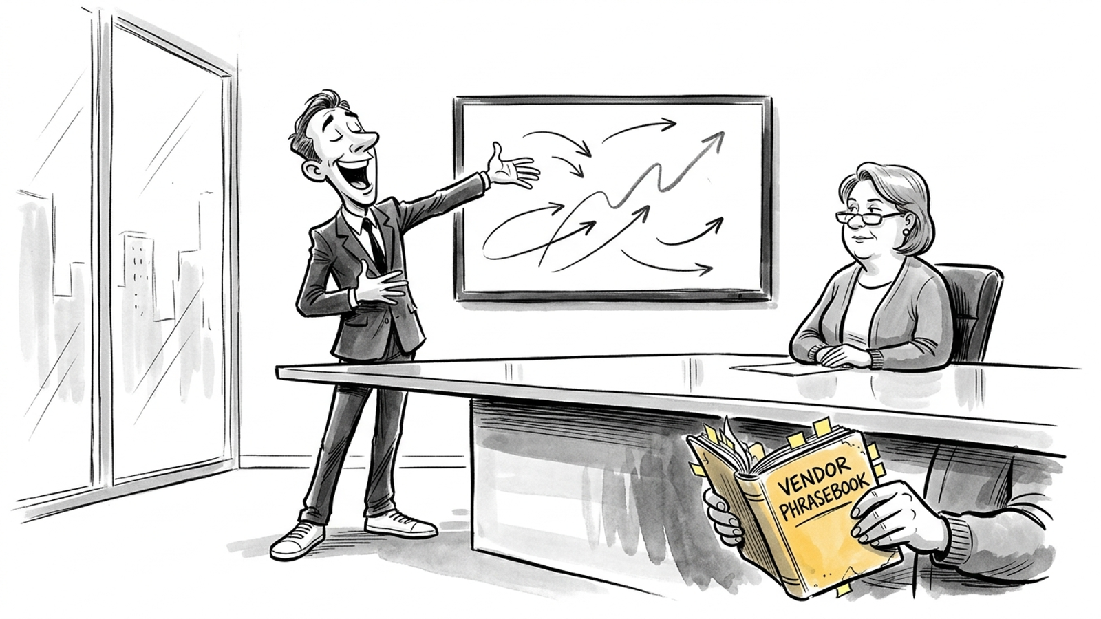 Cartoon of a vendor pitching wildly while a business owner secretly reads a 'Vendor Phrasebook' under the table, treating sales jargon as a foreign language.