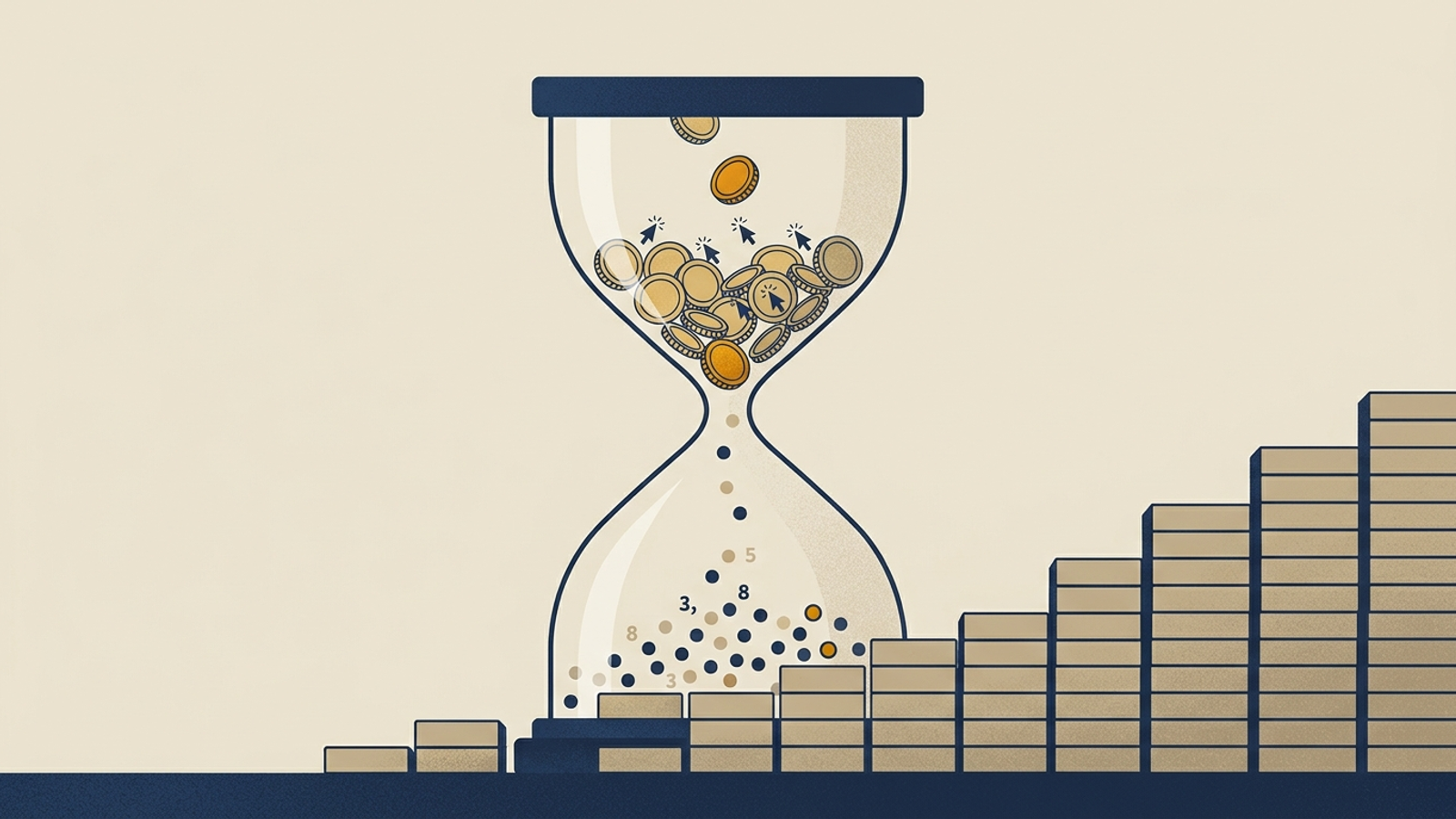 Hourglass filled with coins and click icons draining slowly into a conversion counter